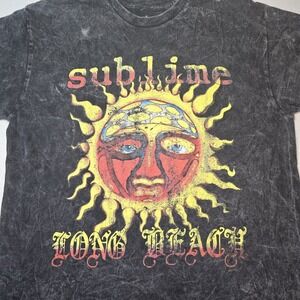 Sublime Sun Logo Long Beach T-Shirt Mens Black Distressed Acid Wash Band Tee,  M